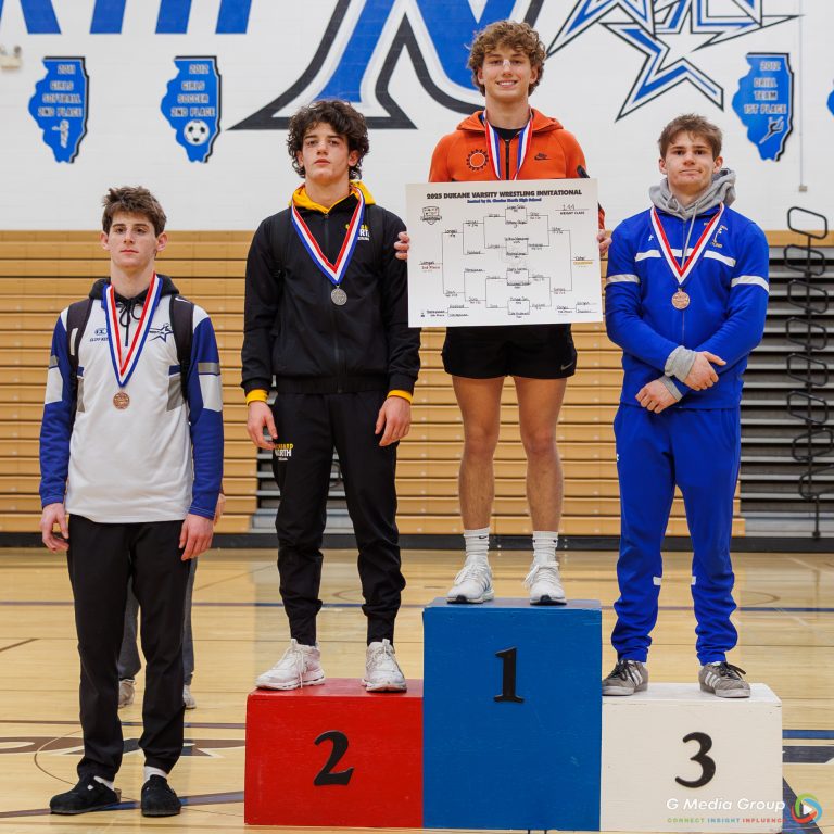 144 Weight Class: 1st Place - Logan Tatar of St. Charles East, 2nd Place - Angelo Gatses of Glenbard North, 3rd Place - Andrew Langas of Wheaton North, 4th Place - Brogan Sons of St. Charles North