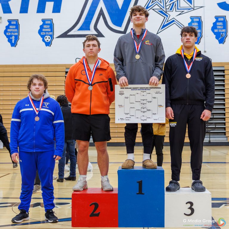 215 Weight Class: 1st Place - Asher Sheldon of Batavia, 2nd Place - Cooper Murray of St. Charles East, 3rd Place - Tyler Hvorick of Glenbard North, 4th Place - Nick Tortoriello of Wheaton North