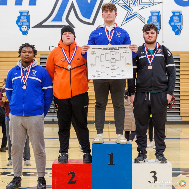 285 Weight Class: 1st Place - Joseph Pettit of Geneva, 2nd Place - Matt Medina of St. Charles East, 3rd Place - Ashton Kibbe of Wheaton Warrenville South, 4th Place - Carl Givens of Wheaton North