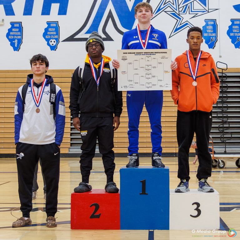 150 Weight Class: 1st Place - Ryan Rosch of Wheaton North, 2nd Place - Treshon Williams of Glenbard North, 3rd Place - Isaac Lenard of St. Charles East, 4th Place - Liam O’Brien of St. Charles North