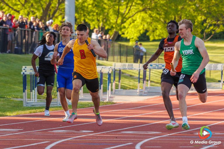Heat 2 of the 4x100 Relay finish line photo at the IHSA Boys 3A Sectional at Lake Park Highschool on May 23, 2025 | GMedia Group