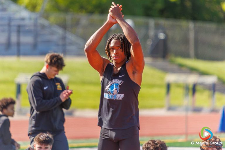 Willowbrook Junior Otis Powell hypes up spectators prior to his high jump attempt at the IHSA Boys 3A Sectional at Lake Park Highschool on May 23, 2025 | GMedia Group