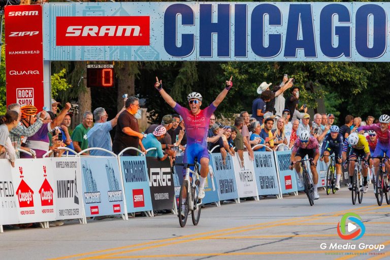 Sam Ritchie of MITOQ - NZ Cycling Project celebrates after winning the Men’s Pro 1/2 race during the final day of the Winfield Criterium and Summerfest, Sunday, July 20, 2025, in Winfield, Ill.