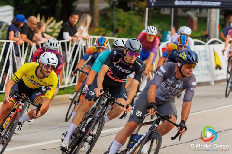 Riders navigate the course during the Men’s Pro 1/2 race at the Winfield Criterium and Summerfest, Sunday, July 20, 2025. The race marked the final event of the Winfield stop in the Chicago Grit series.