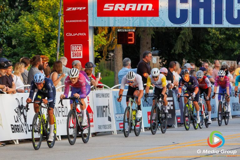 Riders push through the final laps of the Men’s Pro 1/2 race during the Winfield Criterium, part of the Chicago Grit series, Sunday, July 20, 2025.