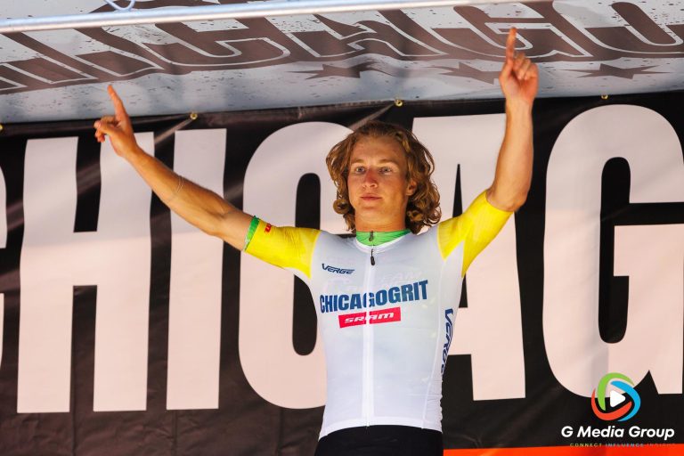 Richard Holec of Team Cadence Cyclery pb Encore Wire receives the Pro 1/2 Omnium Leader’s Jersey after three stages of the Chicago Grit criterium series, Sunday, July 20, 2025, at the Winfield Criterium and Summerfest.