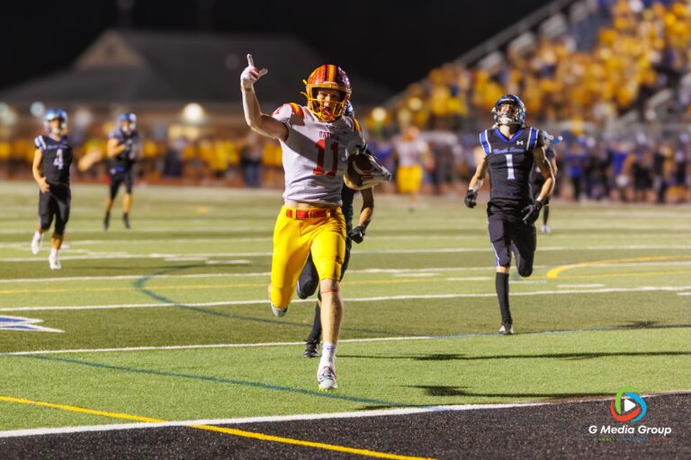 Batavia Senior Brett Berggren celebrates his touchdown during the SCN vs Batavia High School Varsity football game on Friday September 26, 2025 at SCN. | Photo Credit: Zachary Gebis