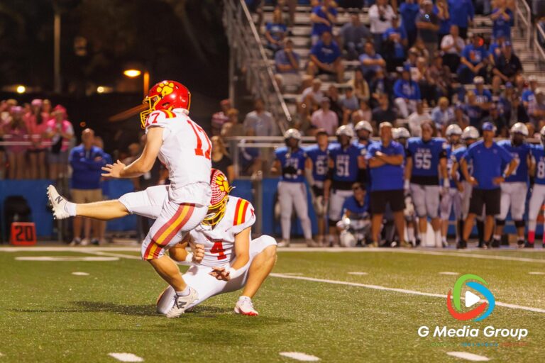 Batavia Senior #17 Caleb Peters attempts the field goal at during overtime during the Geneva vs. Batavia Rivalry game at Geneva High School on October 03, 2025 | Photo credit: Zachary Gebis