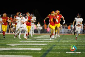 Batavia wide receiver Brett Berggren (#11) runs to complete his momentum-shifting 80-yard touchdown run during the DuKane Conference game on Friday, Oct. 17, 2025, in Batavia, Illinois. The touchdown was a key moment in the Bulldogs' 31-13 victory on Senior Night. (Photo Credit: Zachary Gebis)