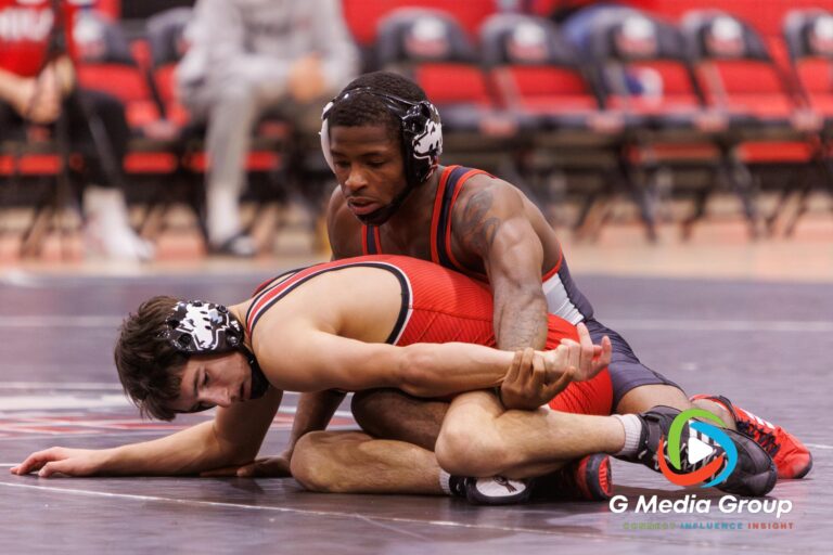 Markel Baker (Black) controls Calvin Werden (Red) during their 133-pound bout at the NIU Red vs. Black Wrestle-Offs on Thursday, Oct. 30, 2025, in DeKalb, Ill. Baker won the match by Technical Fall, 26-10, in 6:07. | Photo Credit: Zachary Gebis