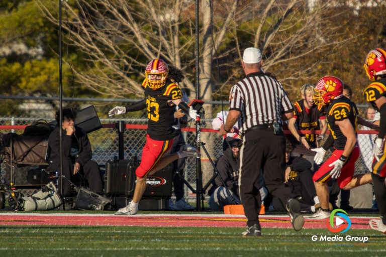 Batavia High School #23 Andrew Culotta celebrates his third-quarter touchdown as he is greeted by a roaring crowd in the stands, November 15, 2025. (Photo Credit - Zachary Gebis)