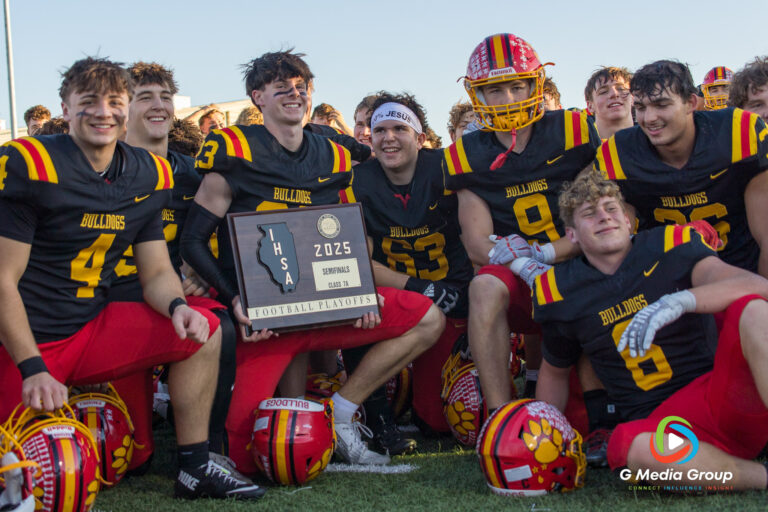 Batavia Football players pose for photos after winning the IHSA 2025 7A Semifinals November 15, 2025. (Photo Credit - Zachary Gebis)