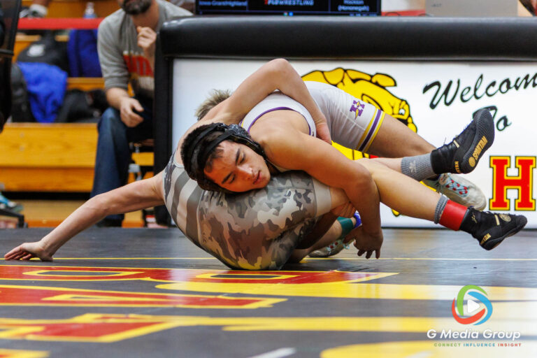 Logan Harris of Rockton Hononegah, controls Griffin Wineski of Iowa-Grant/Highland during the 1st Place Match at the Clint Arlis Invite at Batavia High School on Saturday, Jan. 17, 2026. Harris (21-6) secured the individual title with an 11-5 decision over Wineski (19-10).