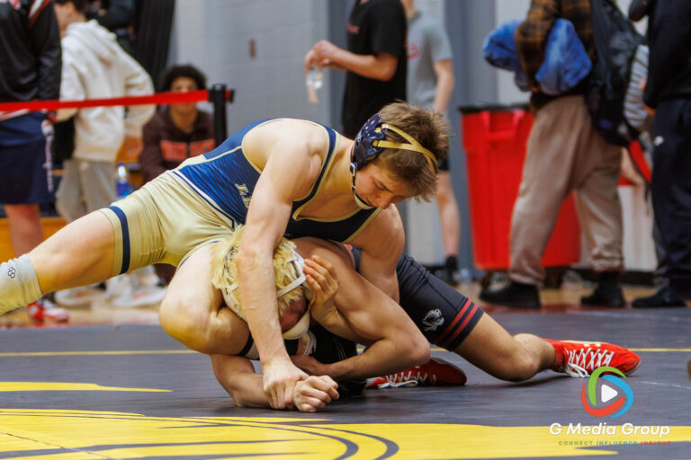 Cory Zator of Lemont, top, works to break down Aidan Durell of Plainfield North during the 126-pound 3rd Place Match at the Clint Arlis Invite at Batavia High School on Saturday, Jan. 17, 2026. Despite Zator's aggressive pace throughout the match, Durell (28-8) secured a narrow 10-9 decision victory to take third place, leaving Zator (24-4) with a fourth-place finish.