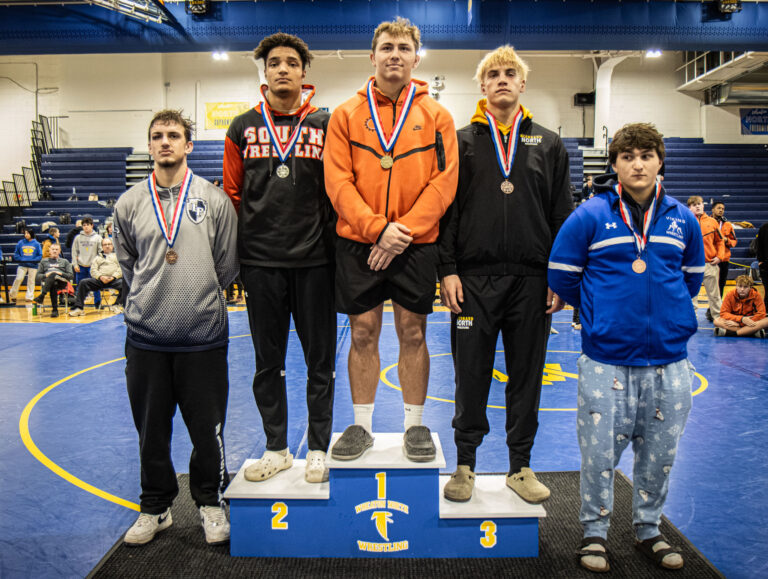 215 lbs Cooper Murray (St. Charles East), Foster Yarbrough (Wheaton Warrenville South), Tyler Hvorick (Glenbard North), Antonin Svoboda (Lake Park), and Adam Causa (Geneva) are honored during the championship round of the DuKane Conference Wrestling Championships held at Wheaton North on January 24, 2026.