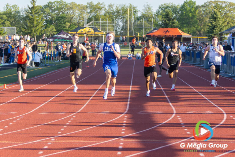 Geneva junior Bennett Konkey as he wins Heat 2 of the Varsity Boys 100-meter dash during the DuKane Conference Championships at St. Charles North High School on Friday, May 15, 2026. Konkey’s blistering time of 10.53 seconds earned him the overall conference title over Wheaton Warrenville South's Aden Applewhite, who finished second in 10.90 seconds.