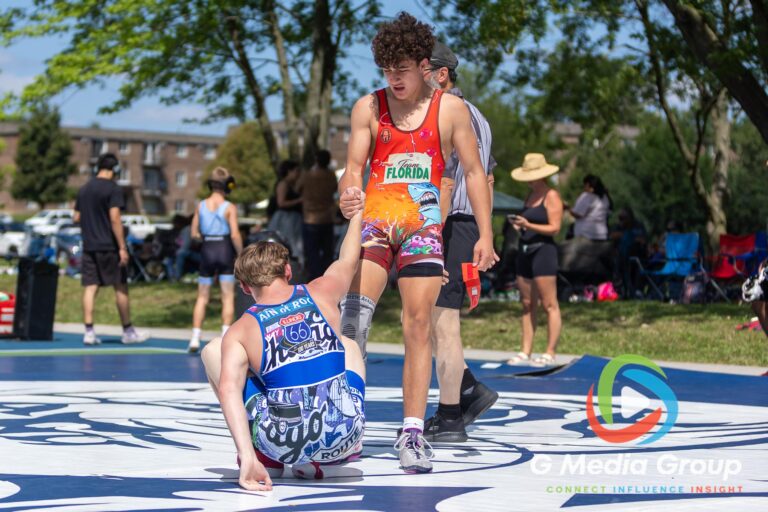 Wrestlers compete during the Summer Fiesta Wrestling Tournament at Carol Stream Community Park in Carol Stream, Ill., Saturday, Aug. 8, 2026. The outdoor event brought together youth, high school, and open-division competitors from across the region. (Photo by GMedia Group)