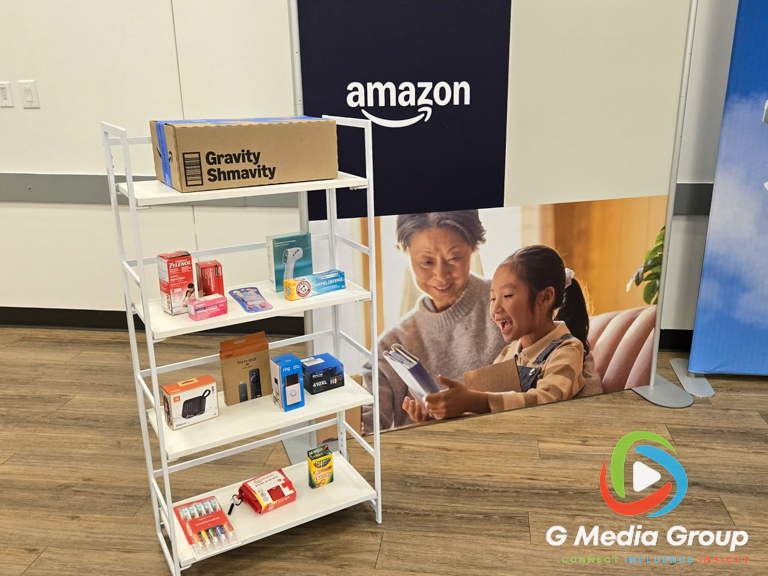 A display shelf at the ARC in West Chicago shows sample household goods, electronics, and health items eligible for local drone delivery during an Amazon Prime Air public open house on Sept. 24, 2026.
