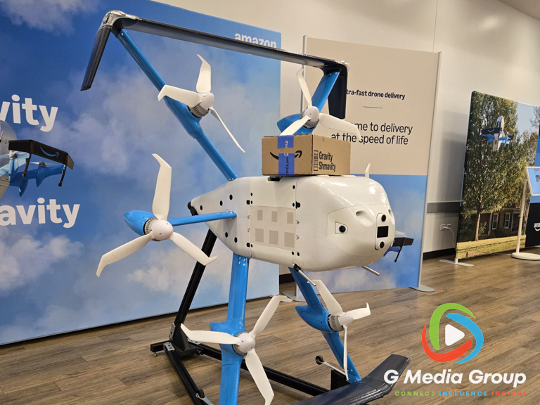 A model Amazon MK30 delivery drone on static display at the ARC in West Chicago during an Amazon Prime Air public open house on Sept. 24, 2026.