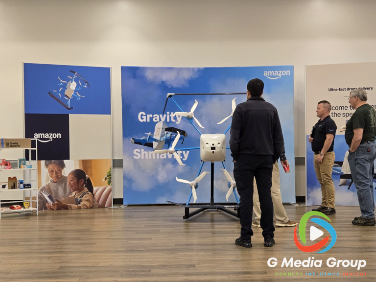 Community members view a static display of the Amazon MK30 delivery drone during an Amazon Prime Air public open house at the ARC in West Chicago on Sept. 24, 2026. (Photo: G Media Group)